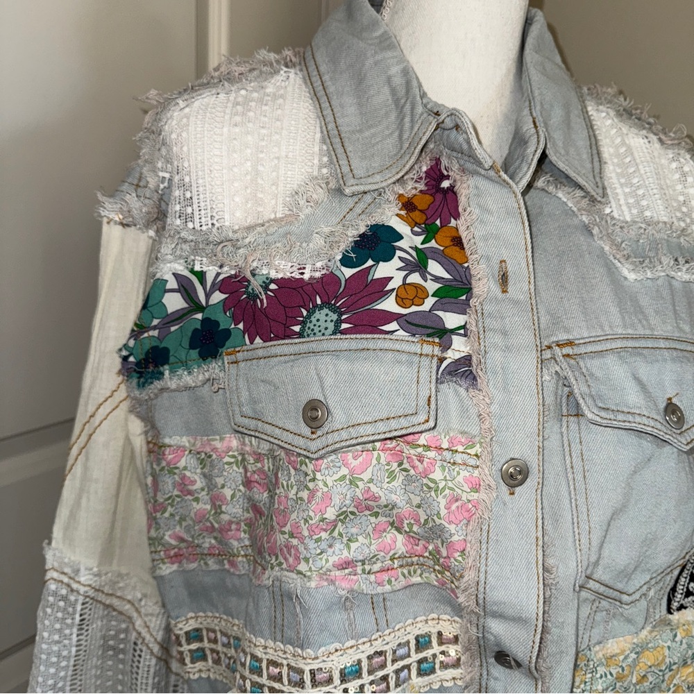Patchwork Denim and Lace Jacket Distressed Boho Denim Shacket Mixed Floral Lace - Picture 5 of 17